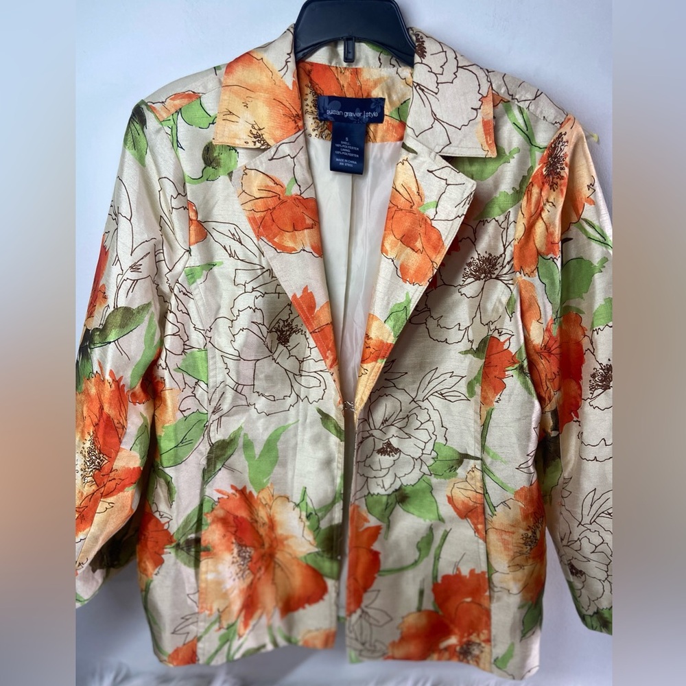 Susan Graver Cream Floral Blazer with Orange & Green Print